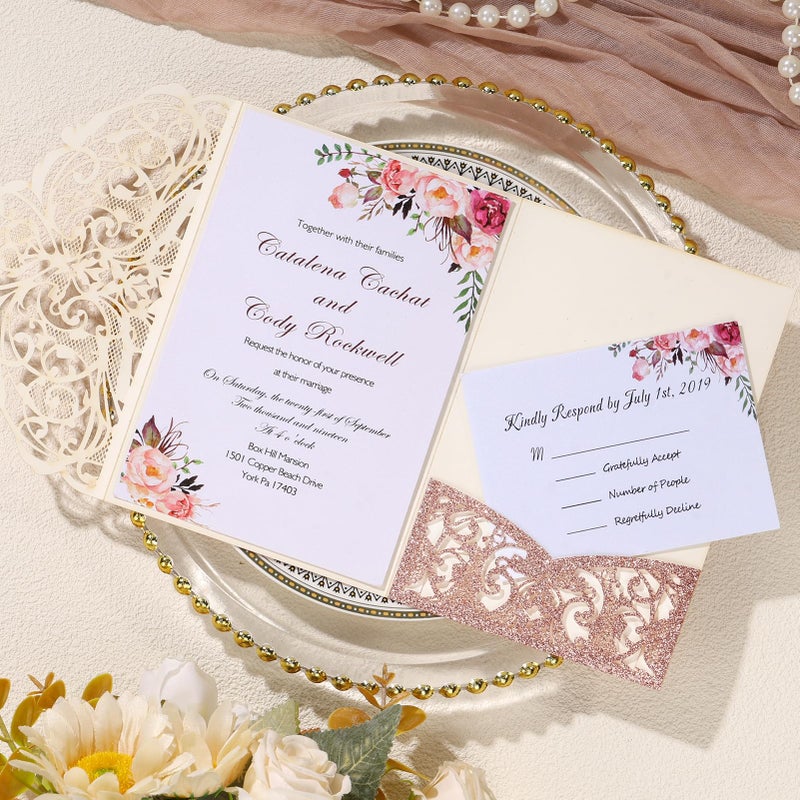 AdasBridal 25Pcs 250GSM Tri-Fold Glitter Wedding Invitations with RSVP Cards and Envelopes for Wedding Engagement Bridal Shower Birthday Quinceanera Party Invite(Rose Gold Glitter, 7.09 X 4.92inch) - Image 5